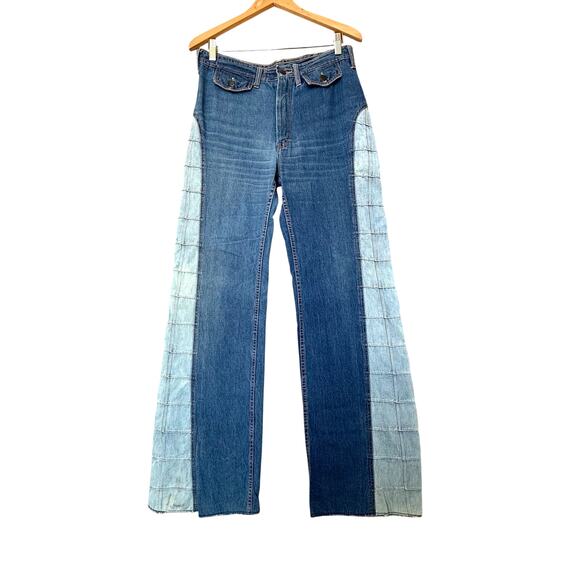 VTG 70s Flare Jeans Mens 32x34 Blue Denim Two Tone High Rise Festival Boho - Picture 1 of 8